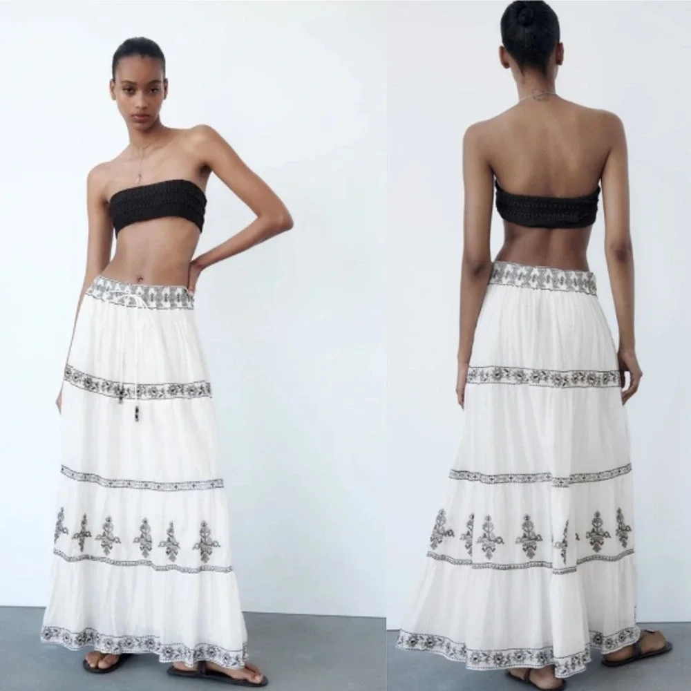 Zara Women White Embroidered Cotton Tiered Maxi Skirt XL 7521/280/712 Boho New